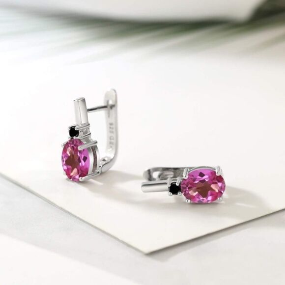 925 Sterling Silver with 4.53 Cttw Pink Mystic Topaz and Black Diamond Earrings - Picture 3 of 4